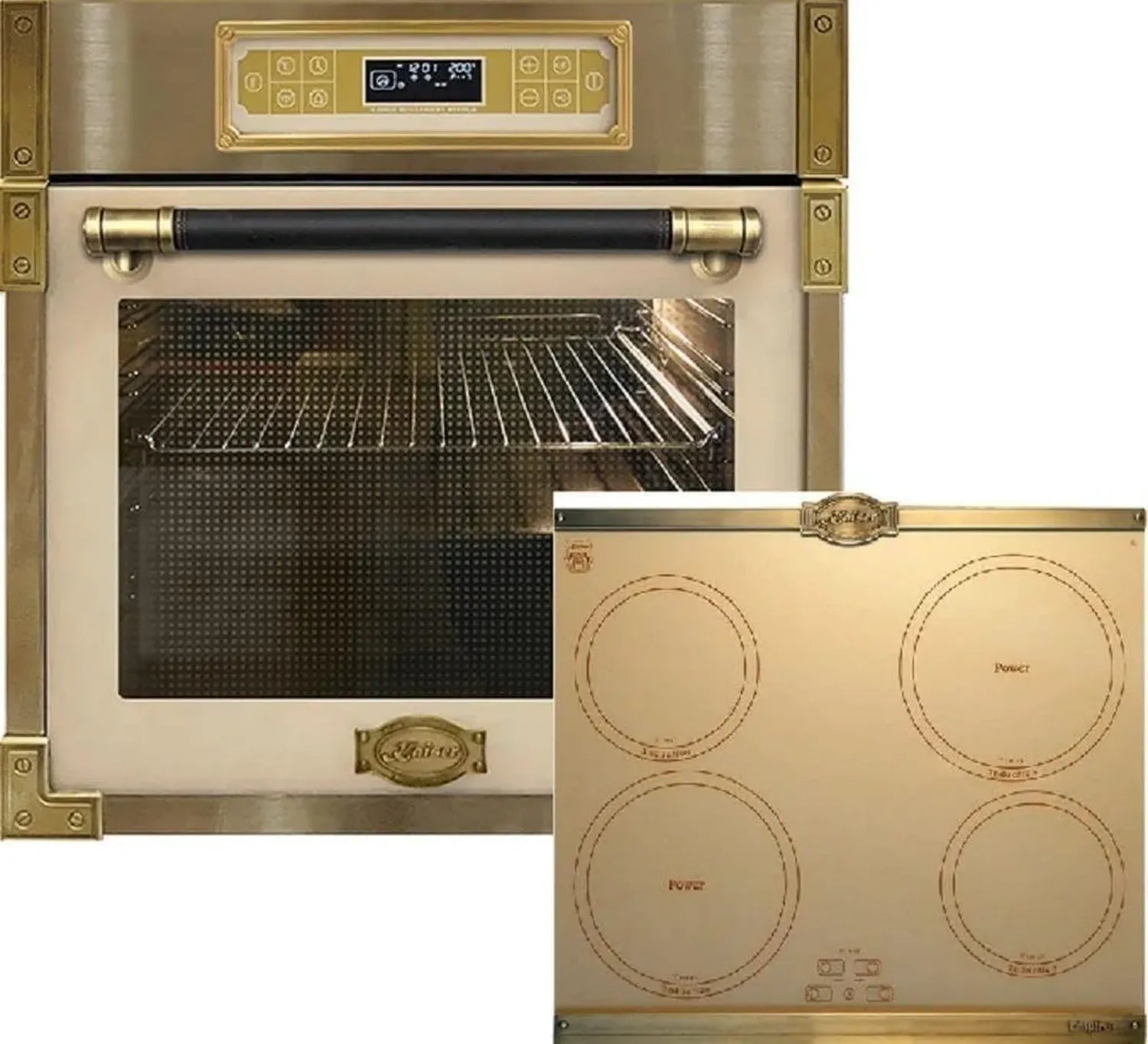 Retro Einbau-Backofen-Set mit Induktionskochfeld, 80L, Elfenbein, 60 cm, Bronze-Akzente