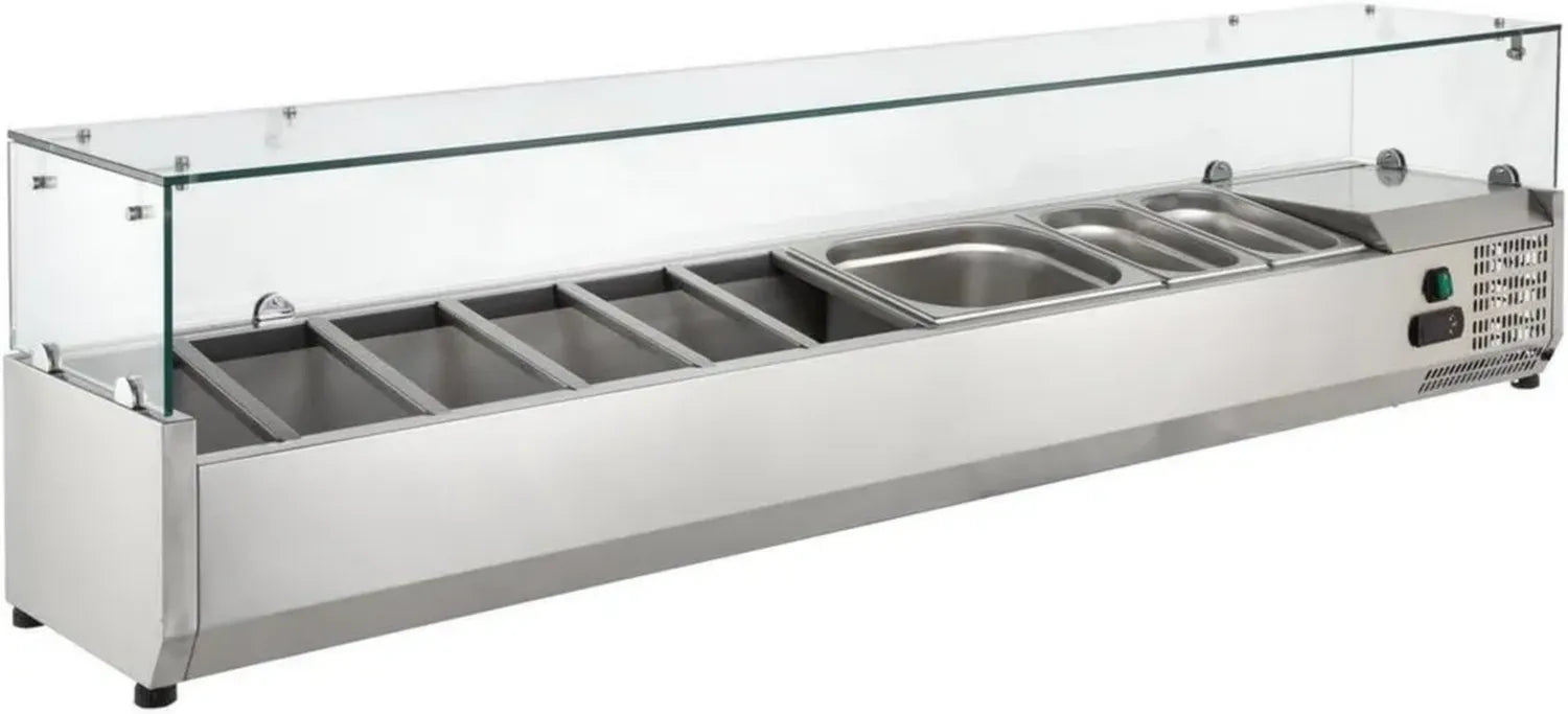 GastroHero Kühlvitrine VRXH1200/330 - Edelstahl, 5 x GN 1/4, Glasaufsatz, Ideal für Pizzas, Salate & Theken