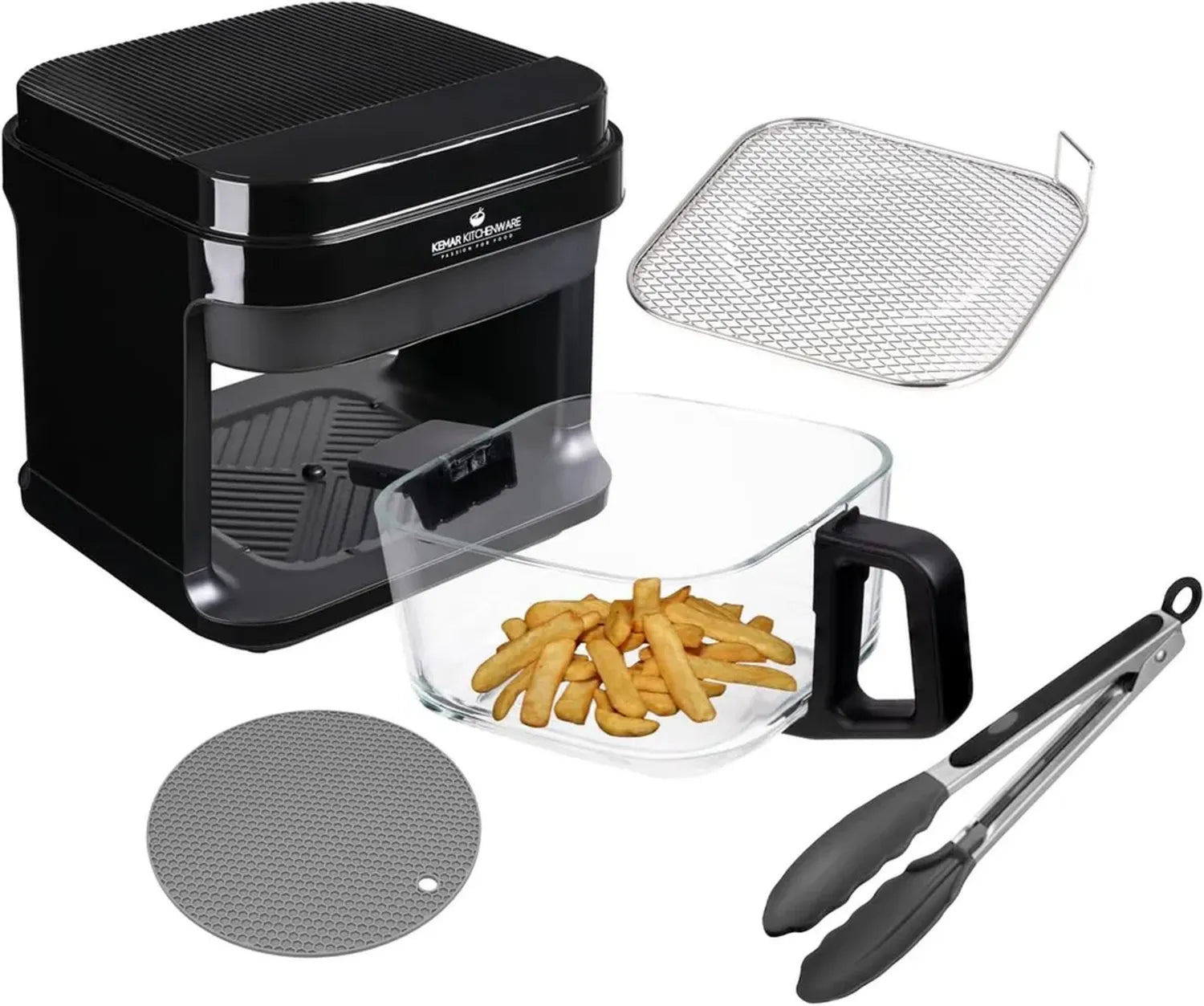 KHF-550 Heißluftfritteuse, 5,5L, 1200W, Glas-Frittierkorb, Touchscreen, inkl. Zange & Silikonuntersetzer