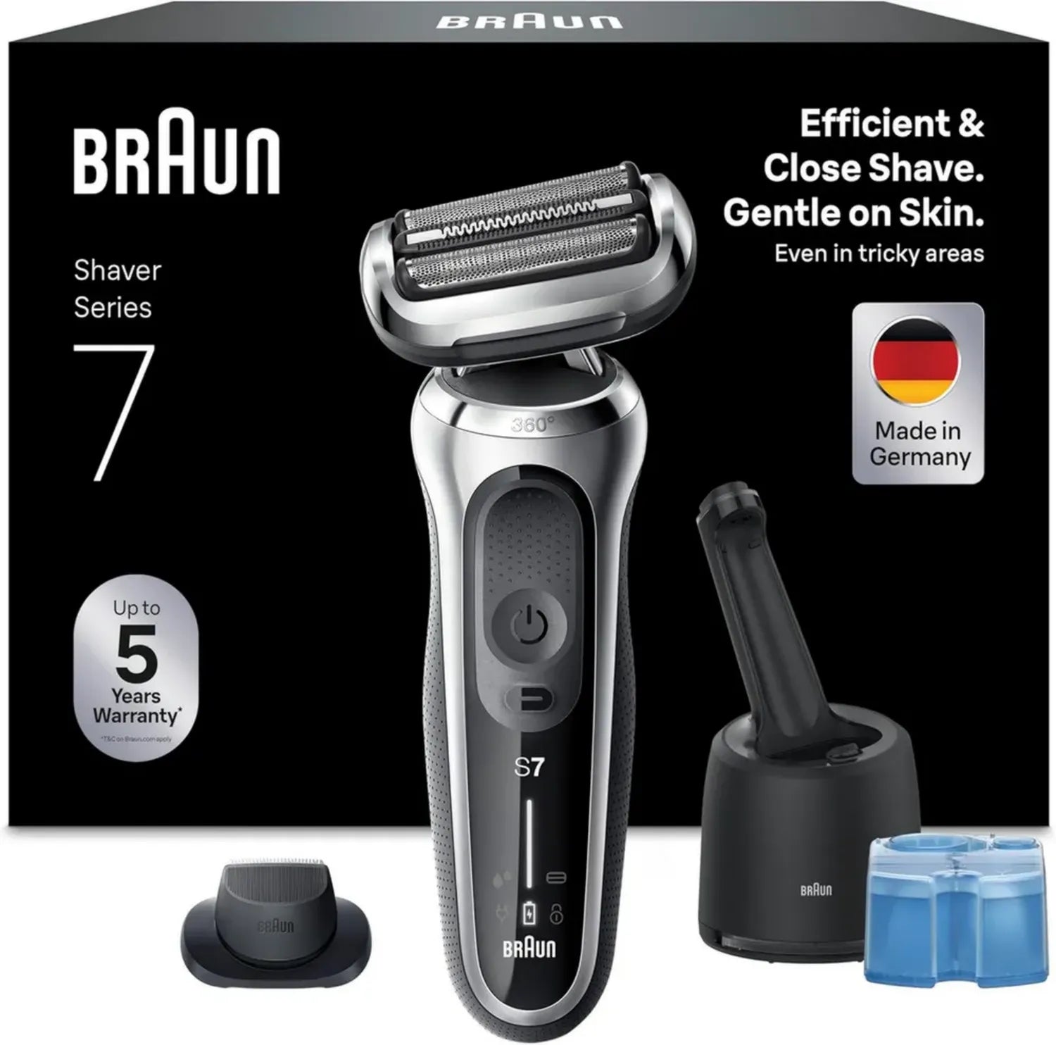 Braun Series 7 Rasierer mit 360° Flexibilität und Reinigungsstation, für Nass- und Trockenrasur, mit Präzisionstrimmer, hergestellt in Deutschland, silber