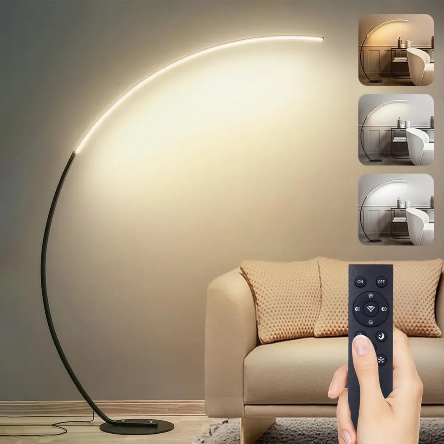 Moderne LED Bogenlampe Schwarz, Dimmbar mit Fernbedienung, 3 Farbtemperaturen & Memory-Funktion, 165cm Stehlampe für Wohnzimmer, Büro und Schlafzimmer